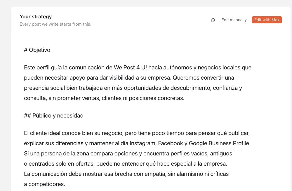AI Profile Strategy con el editor manual, Edit with Max y la estrategia configurada para la marca.