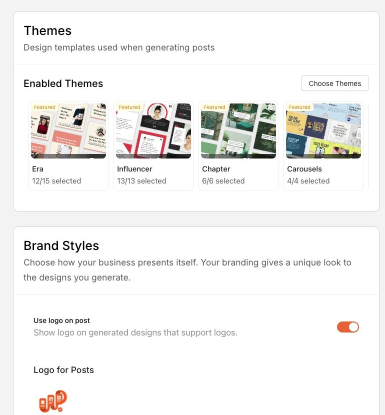 Pestaña Visuals con temas habilitados, Brand Styles y preferencias de imagen.