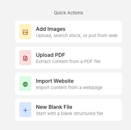 Library con carpetas, archivos multimedia y acciones Add Images, Upload PDF, Import Website y New Blank File.