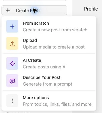 Menú Create Post con From scratch, Upload, AI Create, Describe Your Post y More options.