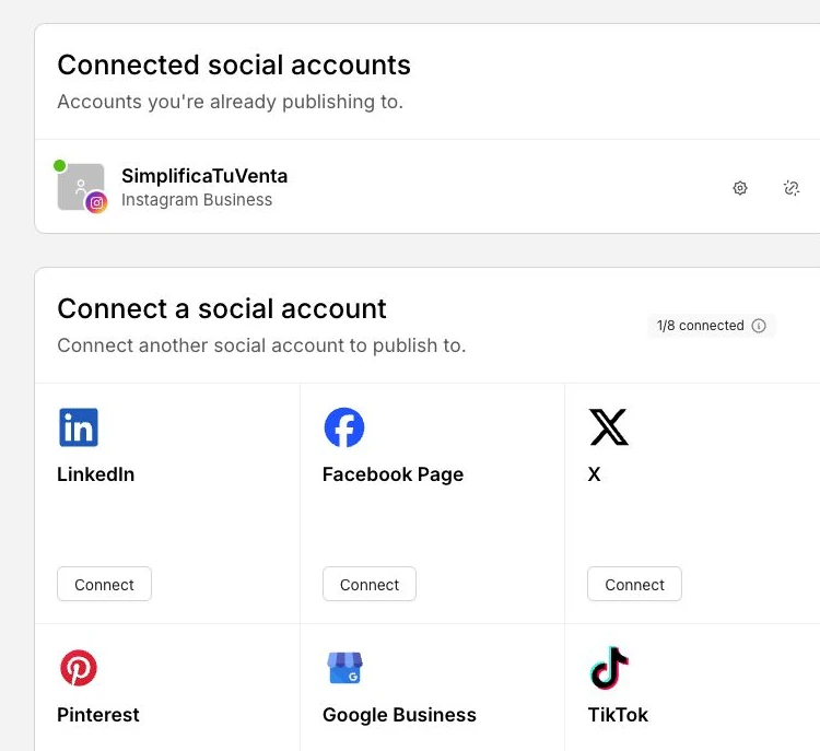 Workspace muestra Connected social accounts, una cuenta de Instagram conectada y las ocho redes disponibles para conectar.