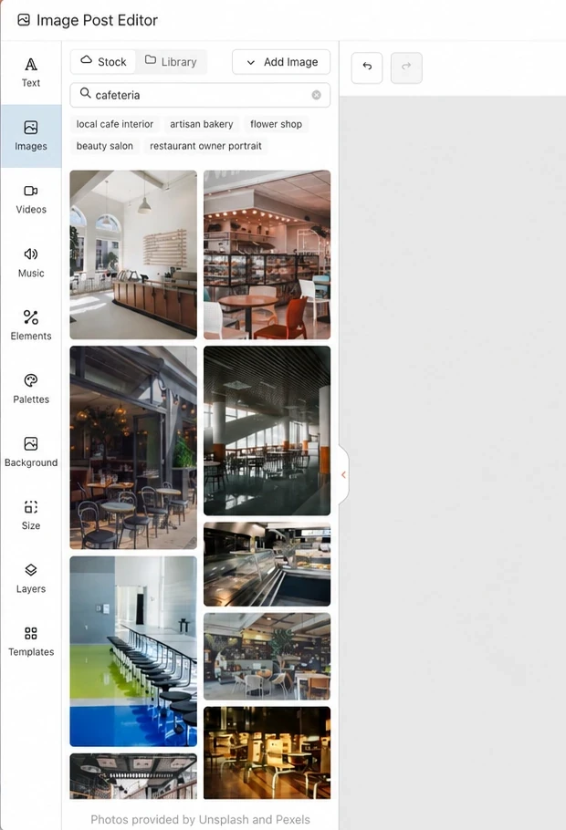 Image Post Editor con herramientas de texto, imágenes, vídeo, música, elementos, fondos, capas y plantillas; marca del lienzo ocultada