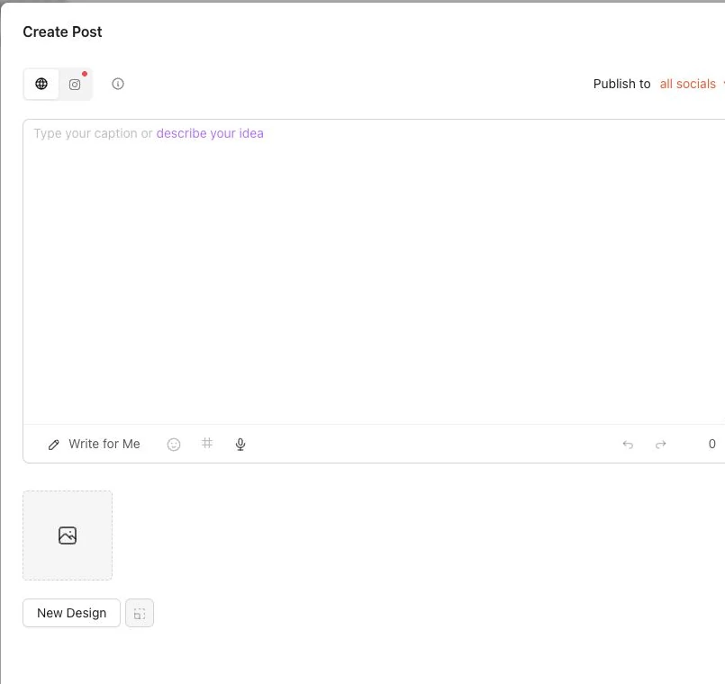 Editor de post vacío con campo de texto, destinos sociales, Add Media, New Design, Schedule y Save and Close.