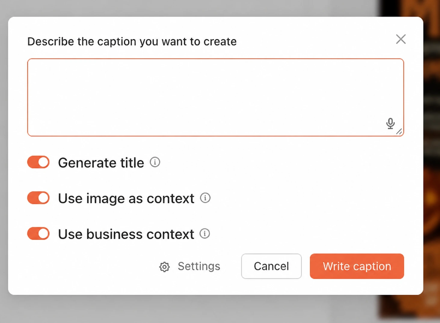 Cuadro Write caption con Generate title, Use image as context y Use business context; el texto de entrada se ha ocultado
